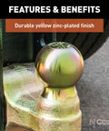 Close-up of yellow zinc-plated ball on Beefy Adjustable Channel Mount With Dual Ball For Trailer Hitches 3 Inch Shank Fits 3x3 Receiver 21 000 Lb Large Ball And 10 000 Lb Small Ball Flippable Rise To Eight And Five Eighths Inches And Drop To Ten And Five Eighths Inches.