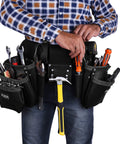 Man wearing Heavy Duty Full Grain Leather Tool Belt For Men With 17 Pockets Carpenter Rig Organizer Hammer Holder And Foam Padded Belt