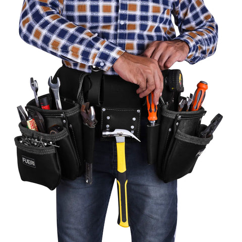 Man wearing Heavy Duty Full Grain Leather Tool Belt For Men With 17 Pockets Carpenter Rig Organizer Hammer Holder And Foam Padded Belt