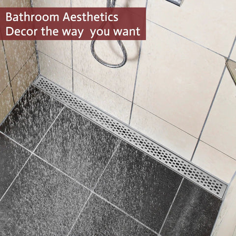 Heavy Duty Linear Shower Drain In Brushed Nickel With No Sweat Fast Flow Design And Sleek Modern Finish Perfect For Bathrooms Garages And Kitchens Features water drainage in shower.