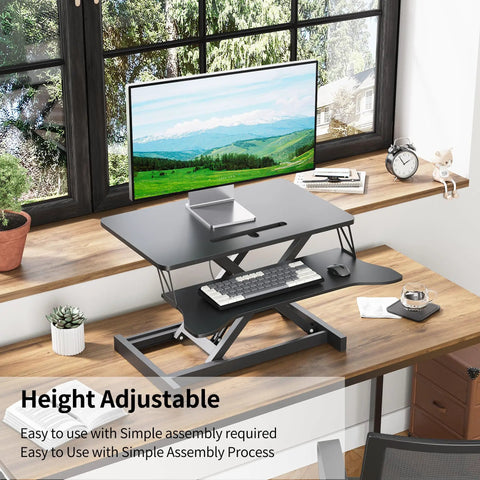 Ergonomic Sit To Stand Desk Converter With Dual Monitor And Laptop Setup, Height Adjustable From 5.1 To 20 Inches, Wide Keyboard Tray