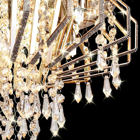 Close-up of sparkling crystals on Six Light Crystal Chandelier Ceiling Light Fixture Modern Flush Mount