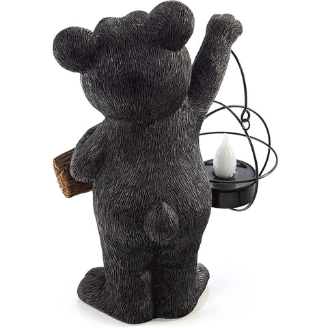 Back view of a Bear Solar Powered LED Welcome Sign Garden Statue Outdoor Decor for Front Yard Patio Lawn Weatherproof Figurine.
