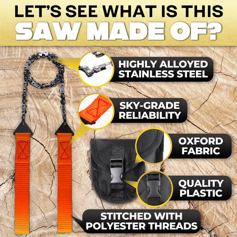 Pocket Chainsaw For Survival With Bag Stainless Steel 25 Inch Folding Tree Saw With Bi-Directional Teeth and components.