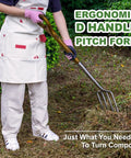 Person using Heavy Duty 4-Tine Stainless Steel Spading Fork with 43.9 Inch Ergonomic D Handle in a garden for compost turning