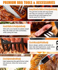 38 Piece Stainless Steel BBQ Grill Tools Set includes knives, forks, meat claws, and injector with close-up of grilling accessories
