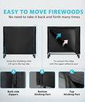 Diagram showing Heavy Duty Four Foot Indoor Outdoor Firewood Storage Rack With Weatherproof Zippered Cover and setup instructions.