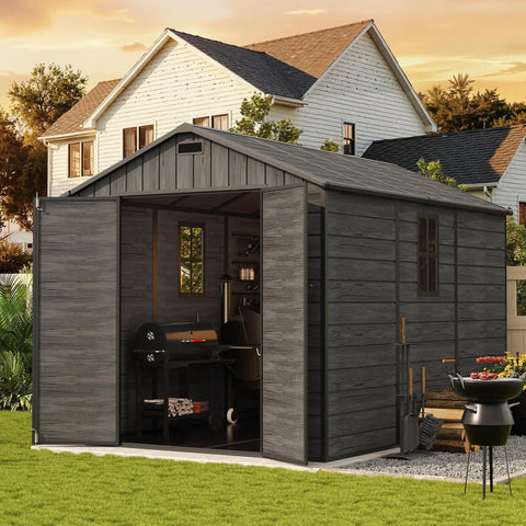 Outdoor Resin Storage Shed 8x10 Feet With Floor Durable Sturdy Plastic Garden Tool Shed For Bike And Gear Lockable Door Big Backyard