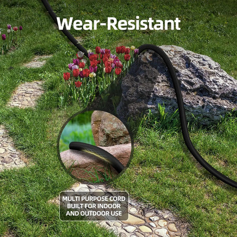 Outdoor setting with 100 Foot Outdoor Extension Cord Weatherproof 3 Prong Power Cable For Home And Garden 16 AWG 13A 1625W ETL Listed