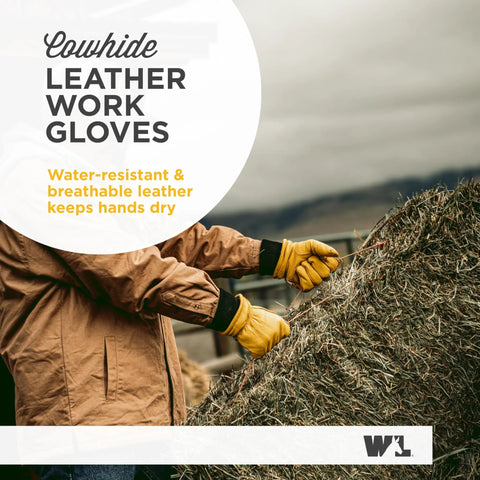 Person wearing HydraHyde Water Resistant Cowhide Insulated Leather Work Gloves With Reinforced Palm For Grip Like A Boss on farm