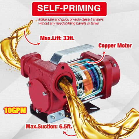 Rock Solid 110 Volt 10 GPM Self Priming Heavy Duty Gasoline Fuel Transfer Pump With Copper Motor showing fuel flow.