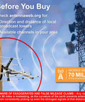 Outdoor HD Digital Long Range TV Antenna With J Mount For Attic Or Outdoor Use, Weather Resistant, 4K And 1080P HD Ready, VHF UHF Reception, Free Local Channel Access, Cut The Cord And Stream In Crystal Clear Picture, displayed next to broadcast tower highlighting 70-mile range.