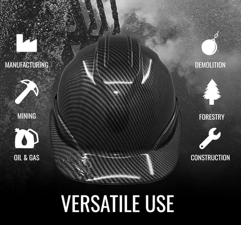 Ventilated Hard Hat With Adjustable Fit Brow Pad And Chin Strap Pro Grade OSHA ANSI Type 1 Class C Construction Safety Helmet For DIY Home Improvement And Outdoor Projects Low Profile HPPE Protection Shiny Black Graphite shown with various industry icons.