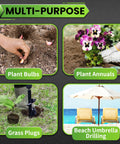 Four Piece Garden Auger Drill Bit Set used for planting bulbs, annuals, grass plugs, and beach umbrella drilling in various scenes.