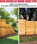 Before and after using Heavy Duty Two Pack Fence Post Repair Kit Straighten Out Leaning Wooden Fences Quick With Ground Spike Anchors.