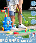 Child using the Fun Tot Golf Set For Kids With 4 Lightweight Clubs, 6 Soft Balls, 2 Practice Holes, Mini Putting Mat, Rolling Cart