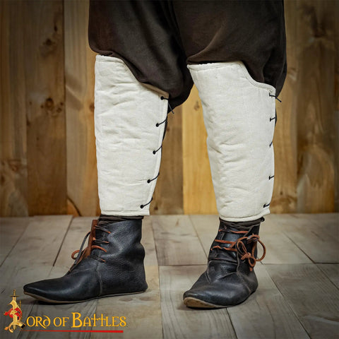 Arming Cap Bracers And Padded Greaves Set With Fabric Strings Closure For LARP And Ren Faire Cosplay, close-up padded greaves