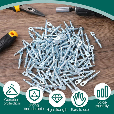 100 Piece 2 Inch Eye Lag Screws Featuring Self Tapping Drilling Points For Heavy Duty Construction And Home Reno Projects Includes Kickass Fastening Driver Bit For Quick No Sweat Installs scattered on a workbench.