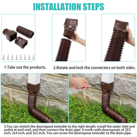 2 Pack Flexible Downspout Extensions With Diverter, Extendable From 21 To 58 Inches, Brown, Drain Pipe Connector For Most Residential Downspouts, Bendable To Redirect Rainwater And Shield Foundations, Built Tough And Easy To Install