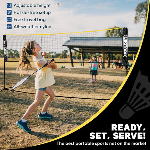 Children playing badminton with Portable 14 Foot Multi Sport Net For Badminton, Pickleball, Tennis And Soccer Tennis with foldable poles