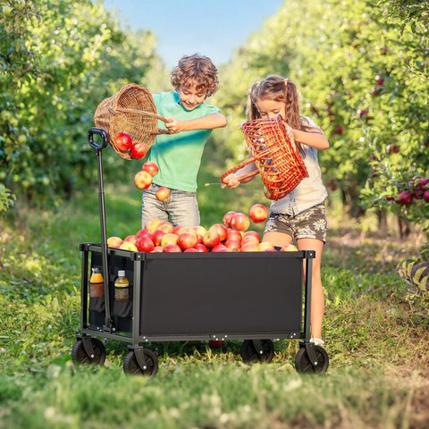 Children filling black Heavy Duty Collapsible Wagon Cart With 29.3 Inch Body 150L Capacity And 260 Lb Load Beastly Rolling Cart with apples