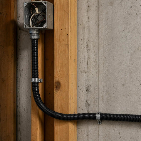 Built Tough Workhorse Corrugated Flexible Conduit Pipe With Compression Fitting Connector For Electrical Cable Routing And Wiring Harness Protection Rated At 20 Bar Pressure In A Sturdy 19 Millimeter Coil mounted on wooden wall.