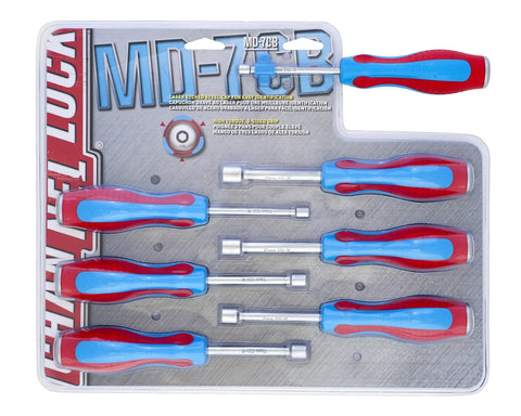 Metric Nut Driver Set 5mm To 11mm, 7 Piece Hollow Shaft, High Torque 3 Sided Grips, Laser Etched Caps, Heavy Duty Code Blue Nutdrivers For Tight Spaces And Tough Jobs displayed in packaging