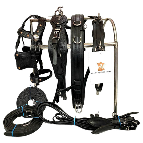 Hand Tooled Leather Horse Driving Harness Set With Copper Studs Bridle Reins Traces Breast Pad Neck Pad Crupper Breeching Cob Black