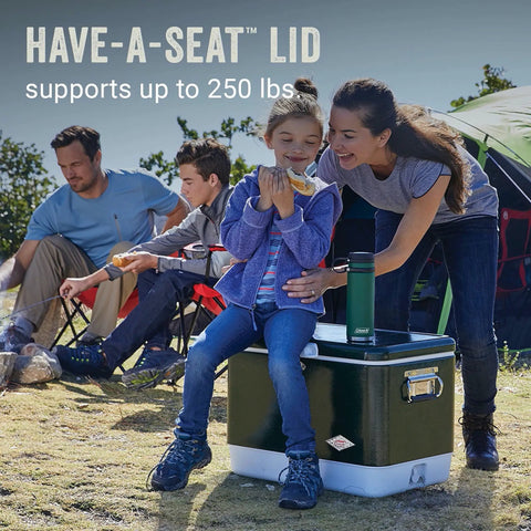 Family using Vintage 54 Quart Steel Belted Cooler With Have A Seat Lid Ice Lasts Up To Four Days Fits 85 Cans Drain Rust Resistant Hardware Retro Design For Backyard Barbecues Camping And Weekend Get Togethers.