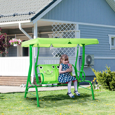 Two Seat Kids Patio Swing With Adjustable Canopy And Safety Belt Frog Pattern Hanging Swing Bench For Garden