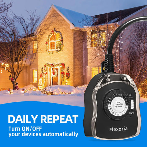 Outdoor Timer Outlet Waterproof Mechanical Dial Set And Forget It 24 Hour Plug In Light Timer with house in background.