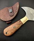 Damascus Steel Leather Cutting Knife With Round Head Blade And Wood Handle For Leather Fabric Vinyl And Crafts, shown with sheath.