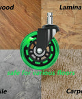 Heavy Duty 3 Inch Office Chair Wheels Replacement Set Of 5 Green Polyurethane Swivel Casters on wood, laminate, tile, and carpet.