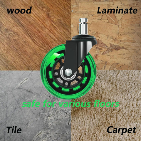 Heavy Duty 3 Inch Office Chair Wheels Replacement Set Of 5 Green Polyurethane Swivel Casters on wood, laminate, tile, and carpet.