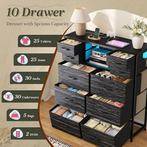 Modern Black Dresser For Bedroom With Built In Charging Station And Bright Led Lights Ten Drawer Storage Cabinet showing organized clothing and charging station.