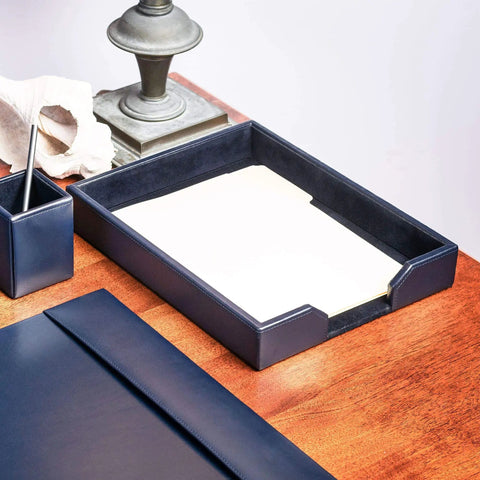 Bonded Leather Desktop Letter Tray Organizer Navy Blue, Boss Desk Go To For Office Organization, Premium Letter Holder
