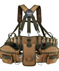 Rugged Pro Tool Belt With Tan And Green Comfort Rig Heavy Duty Construction Iron Buckles Reinforced Stitching Adjustable Suspender Straps