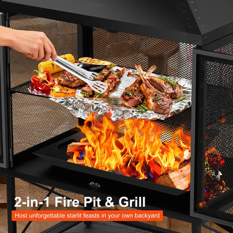 Metal Outdoor Fireplace For Patio And Backyard 39 Inch Square Chiminea Fire Pit Wood Burning With grill and food cooking