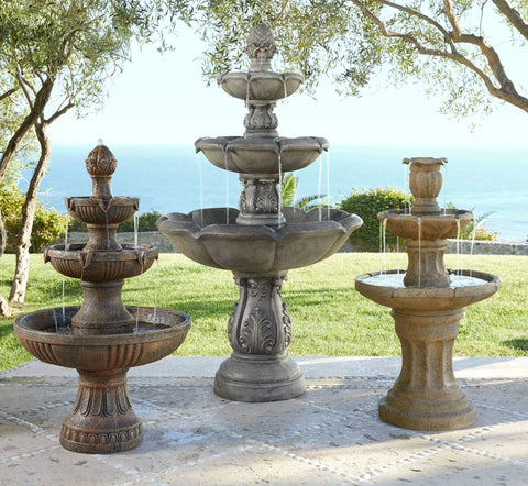 Three-tier Huge 43 Inch Italian Style Outdoor Fountain With Faux Stone Finish in a garden setting, featuring cascading waterfalls.