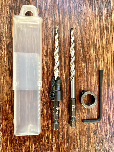 Number Twelve Seven Thirty Second Inch Tapered Countersink Drill Bit Set With Depth Stop Collar Spare Hex Shank Tool with bits and case.