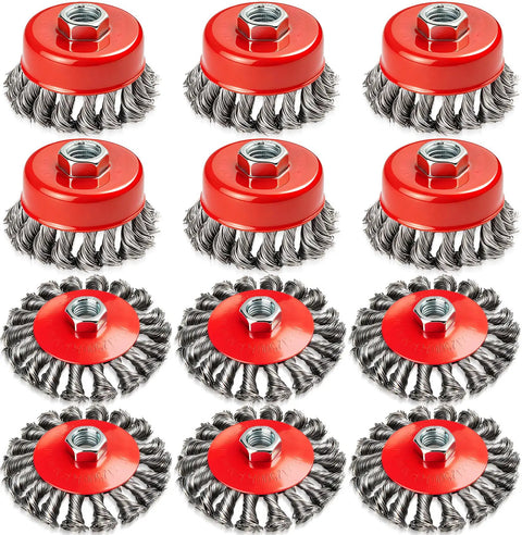 Twelve Pack Angle Grinder Wire Wheel Set 3 Inch And 4 Inch Brushes For Five Eighths Inch Arbor Rust Removal And Metal Surface Prep