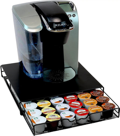 K-Cup Drawer Organizer For 36 Pods, Slim Black Under-Counter Coffee Pod Storage with Keurig machine and sliding drawer open, displaying pods.