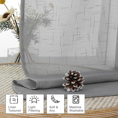 Gray Faux Linen Sheer Curtains Set, 2 Panels Each 40x96 Inches, Light Filtering Textured Rod Pocket Window Drapes shown close-up
