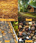 Collage of fallen leaves, a camp cabin, leaves on a roof, and multicolored pebbles.