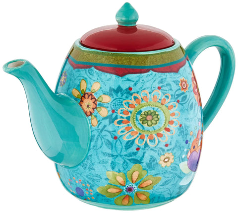 Blue Floral Ceramic Teapot 40 Oz for Tea Lovers with boho chic design, no drip pouring, ideal for eclectic home decor and entertaining.