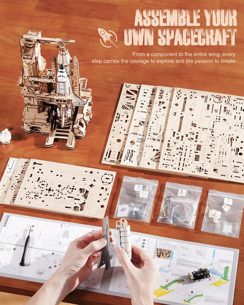 Assembly of 3D Space Shuttle Wooden Puzzle For Adults With Lighted Launch Pad, Dynamic Rocket Model Kit For Desktop Decoration.