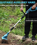 Man using Cordless 21V Tiller With 8 Inch Wide Cultivator, 4.0Ah Battery Powered Garden Rototiller on soil with adjustable handle.
