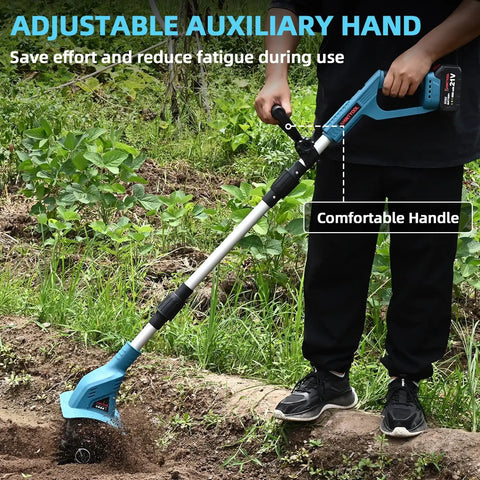 Man using Cordless 21V Tiller With 8 Inch Wide Cultivator, 4.0Ah Battery Powered Garden Rototiller on soil with adjustable handle.