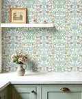 Classic William Morris Style Peel And Stick Wallpaper Removable Self Adhesive Vinyl Roll With Trim Grid For Zero Hassle Home Flip No Drama Waterproof Contact Paper in green floral design on kitchen wall.