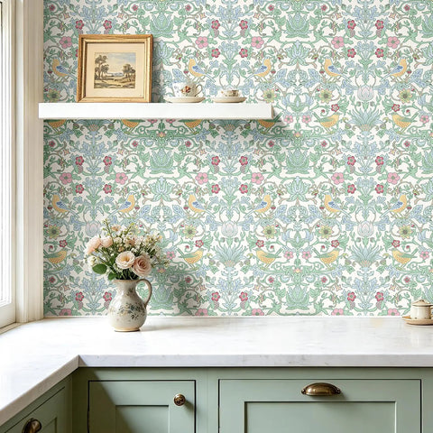 Classic William Morris Style Peel And Stick Wallpaper Removable Self Adhesive Vinyl Roll With Trim Grid For Zero Hassle Home Flip No Drama Waterproof Contact Paper in green floral design on kitchen wall.